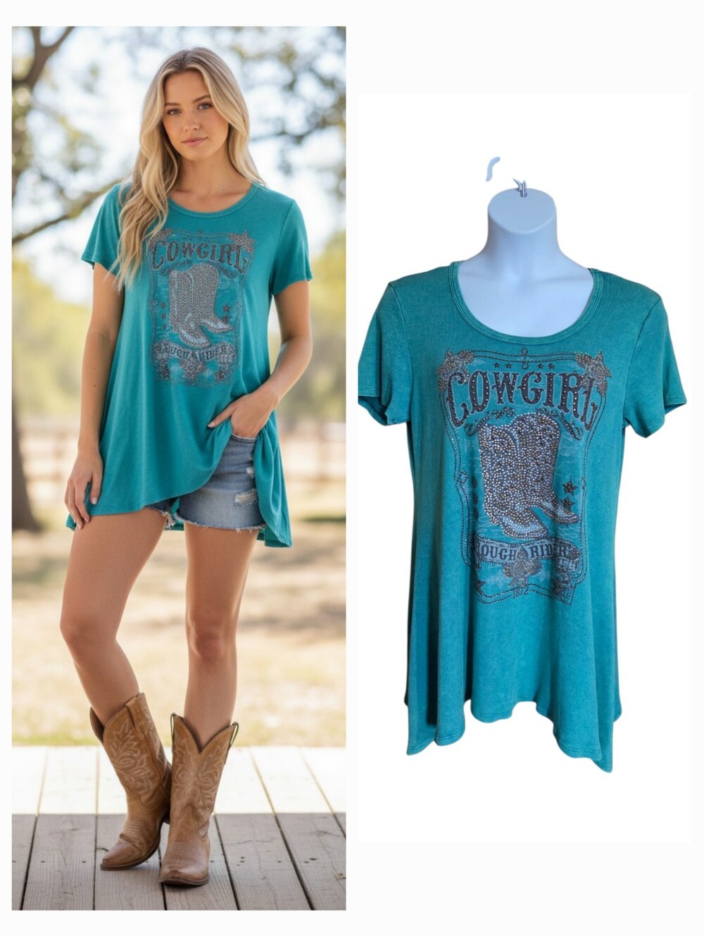 Y2K Vocal Shark Bite Tunic Shirt Teal Cowboy Boots Rhinestones Rough Riders  3X